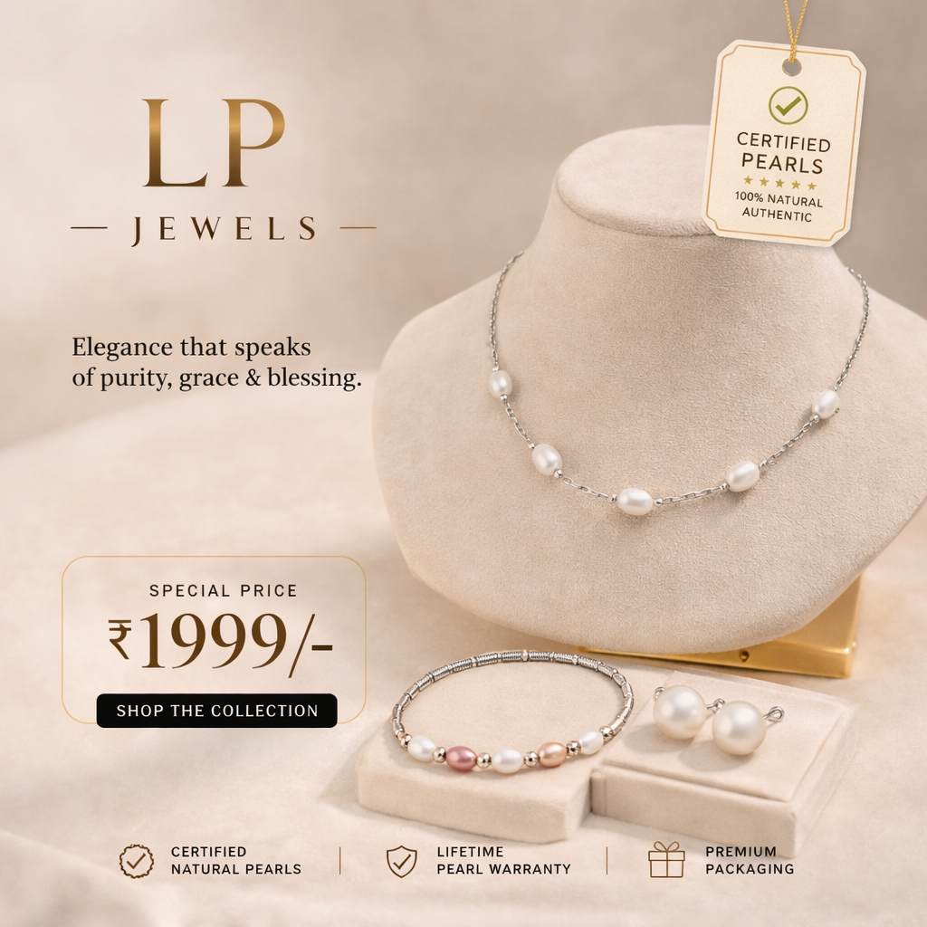 LP Jewels Certified Natural Pearl Jewelry Set – Elegant Pearl Necklace, Stud Earrings & Multicolor Bracelet