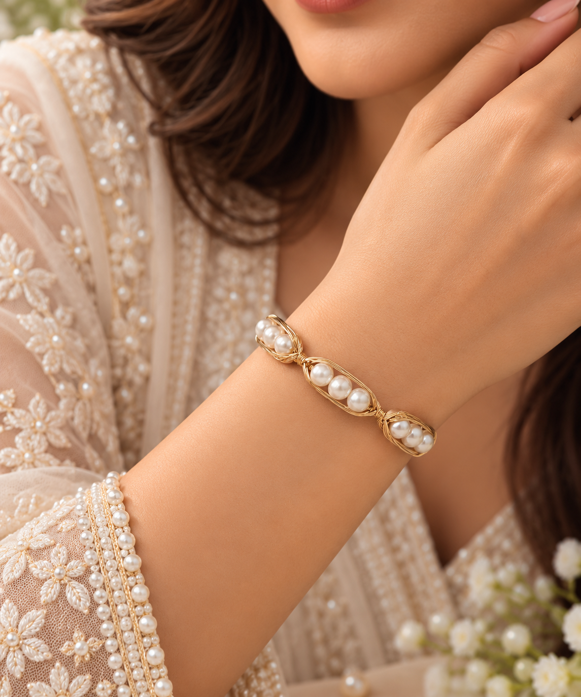 Gold-Tone Pearl Cuff Bracelet for Women | Elegant Pearl Wirework Bangle – LP JEWELS