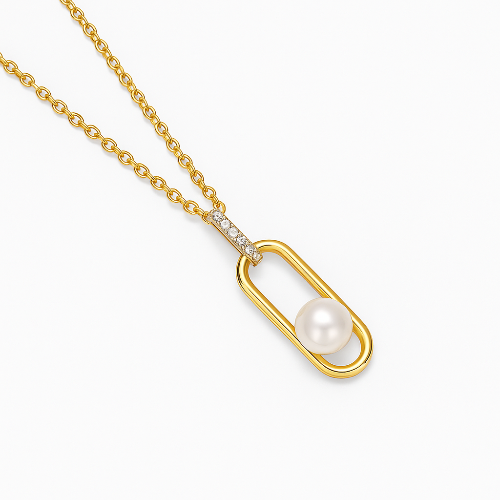 LP Jewels Modern Rectangle Pearl Pendant Necklace in Gold Finish