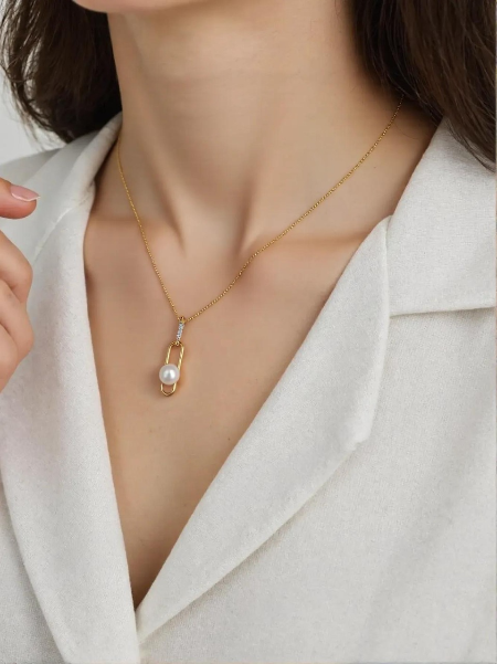 LP Jewels Modern Rectangle Pearl Pendant Necklace in Gold Finish - LP Jewels