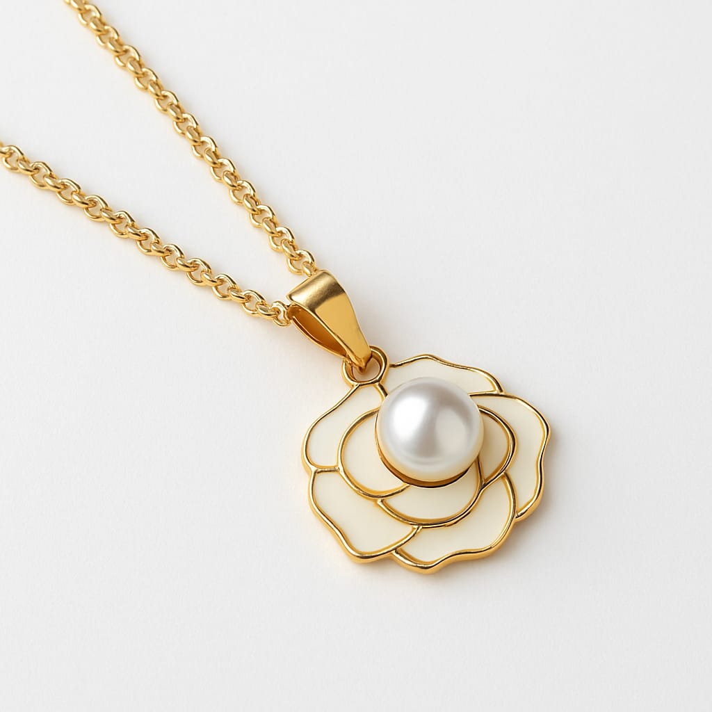 LP Jewels Timeless Rose Design Pearl Pendant Necklace