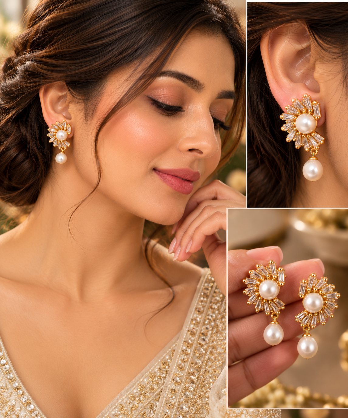 Pearl Sunburst Baguette CZ Earrings – Gold-Tone | LP Jewels
