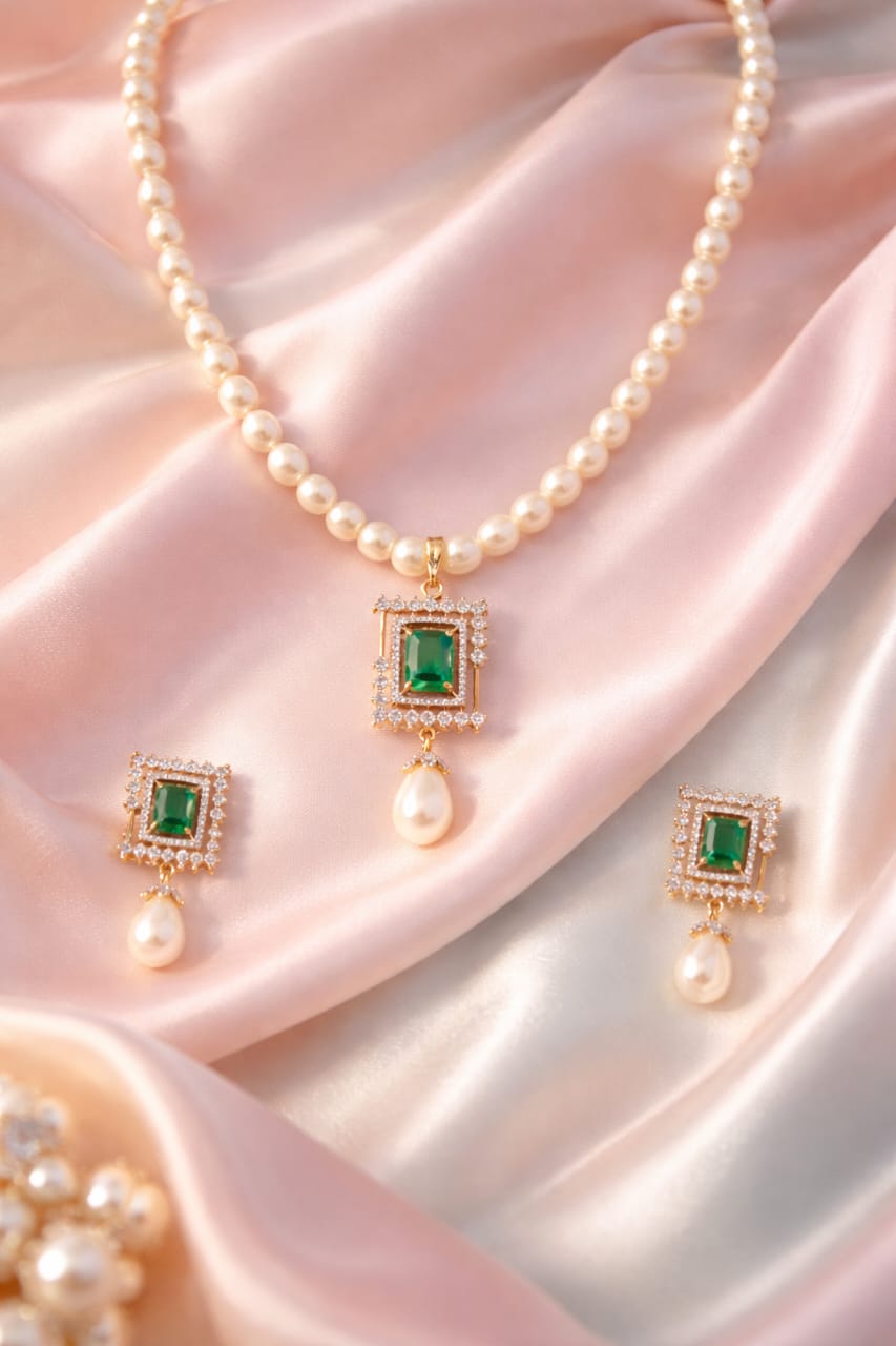 LP JEWELS-Freshwater Pearl Necklace Set with Emerald-Green Square Pendant & Matching Earrings