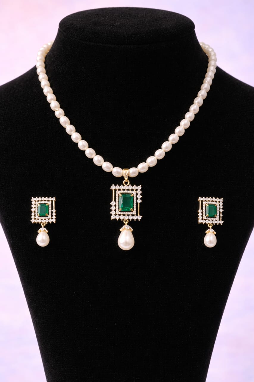 LP JEWELS-Freshwater Pearl Necklace Set with Emerald-Green Square Pendant & Matching Earrings