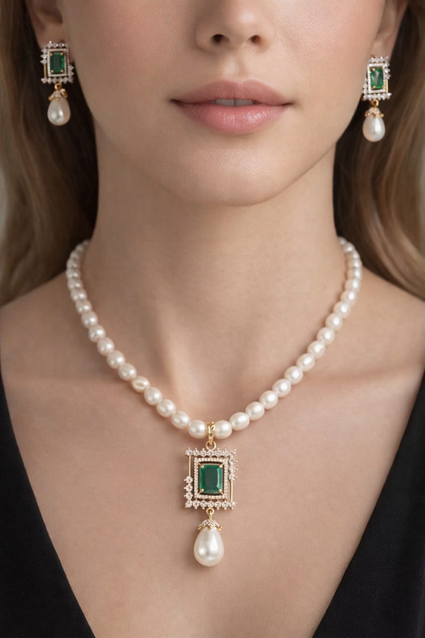 LP JEWELS-Freshwater Pearl Necklace Set with Emerald-Green Square Pendant & Matching Earrings