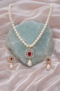 LP JEWELS-Freshwater Pearl Necklace Set with Ruby-Red Rectangle Pendant & Matching Earrings