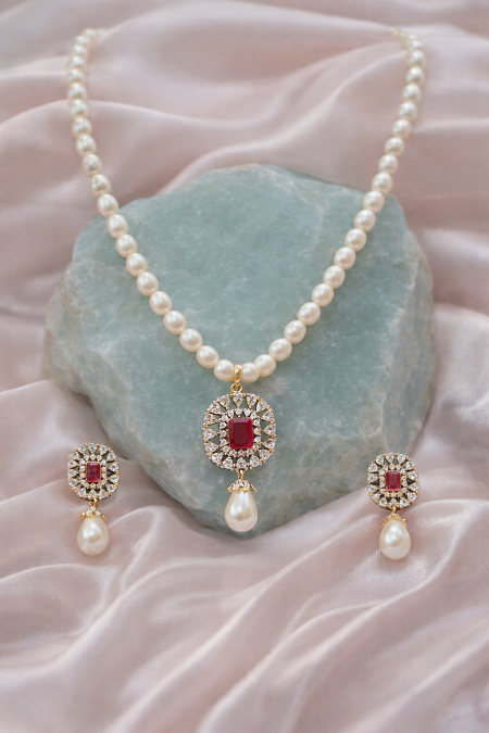 LP JEWELS-Freshwater Pearl Necklace Set with Ruby-Red Rectangle Pendant & Matching Earrings