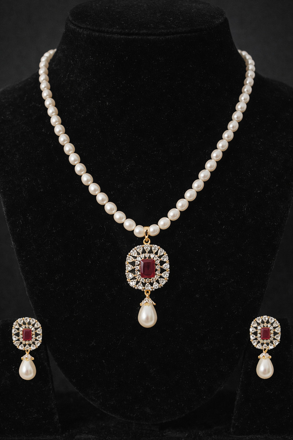 LP JEWELS-Freshwater Pearl Necklace Set with Ruby-Red Rectangle Pendant & Matching Earrings