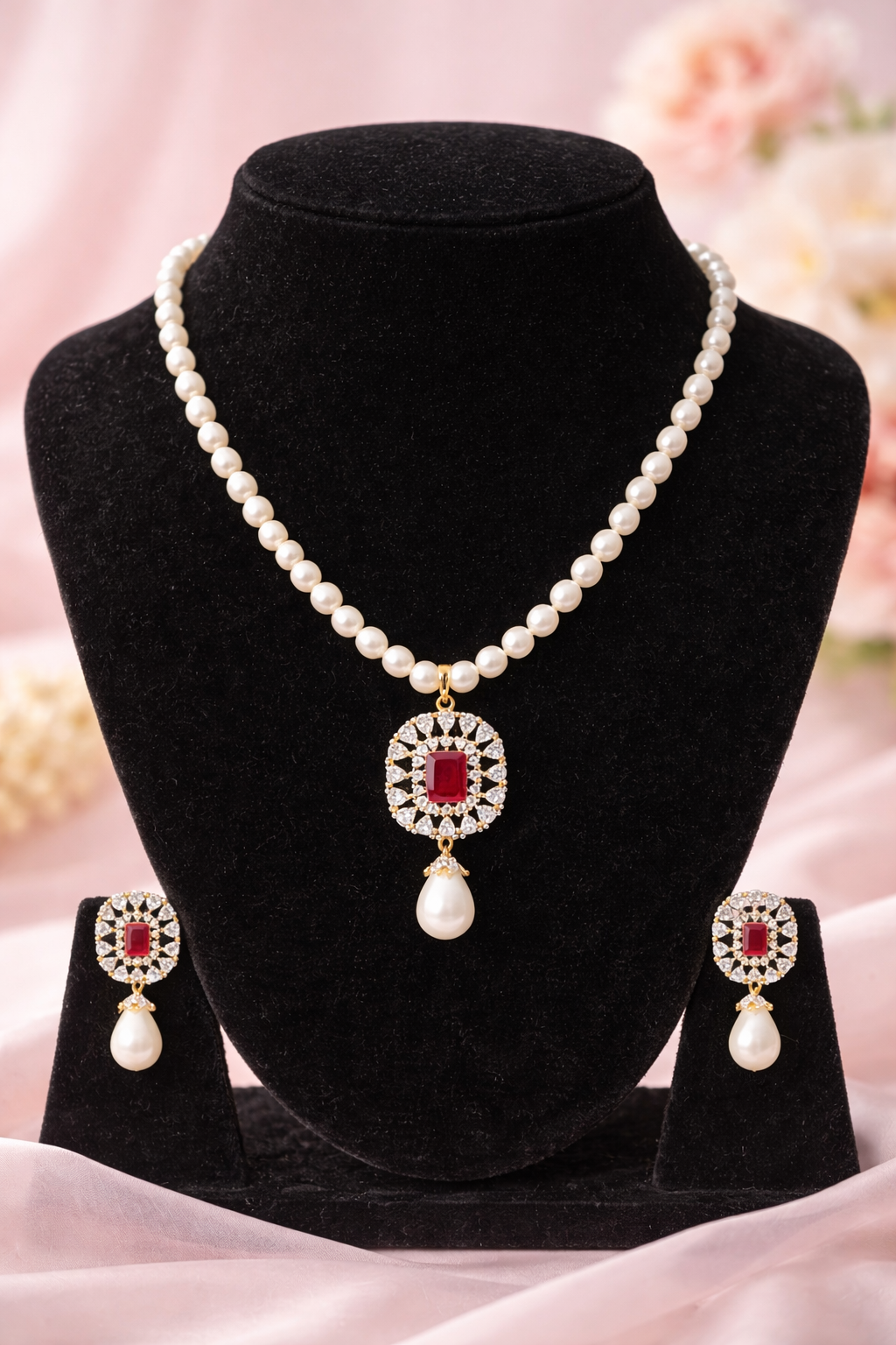 LP JEWELS-Freshwater Pearl Necklace Set with Ruby-Red Rectangle Pendant & Matching Earrings