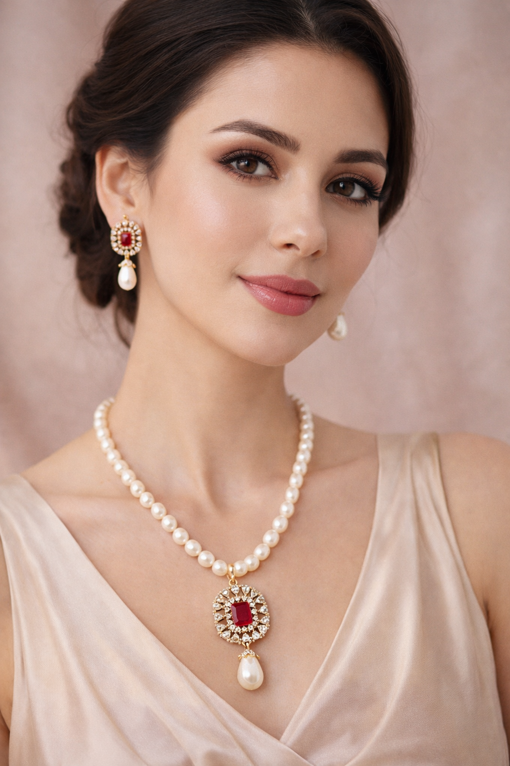LP JEWELS-Freshwater Pearl Necklace Set with Ruby-Red Rectangle Pendant & Matching Earrings