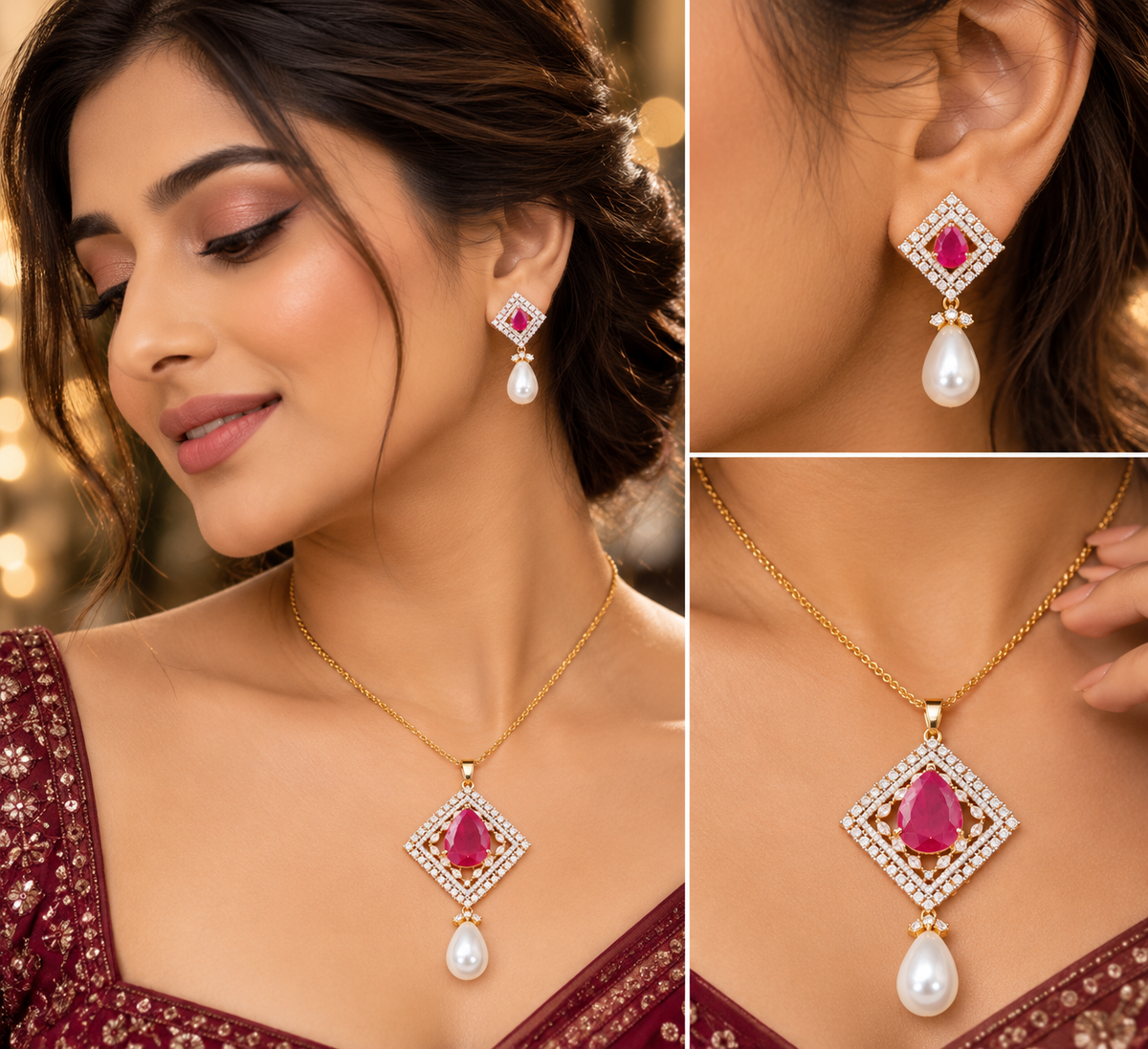 Ruby Pink Diamond-Shape Pearl Pendant Necklace & Earrings Set | Gold Tone Zircon Jewellery Set
