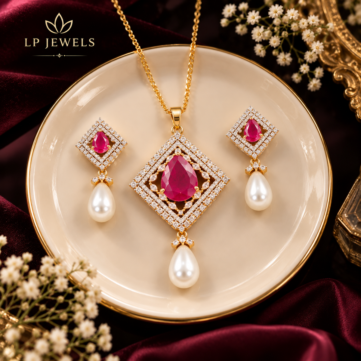 Ruby Pink Diamond-Shape Pearl Pendant Necklace & Earrings Set | Gold Tone Zircon Jewellery Set