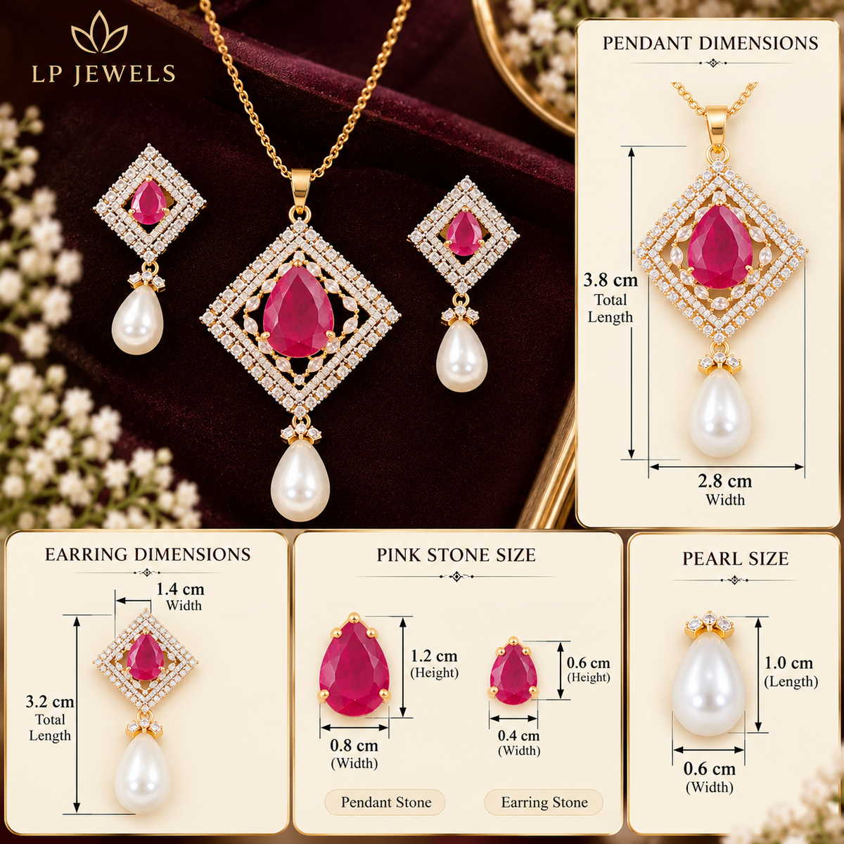 Ruby Pink Diamond-Shape Pearl Pendant Necklace & Earrings Set | Gold Tone Zircon Jewellery Set
