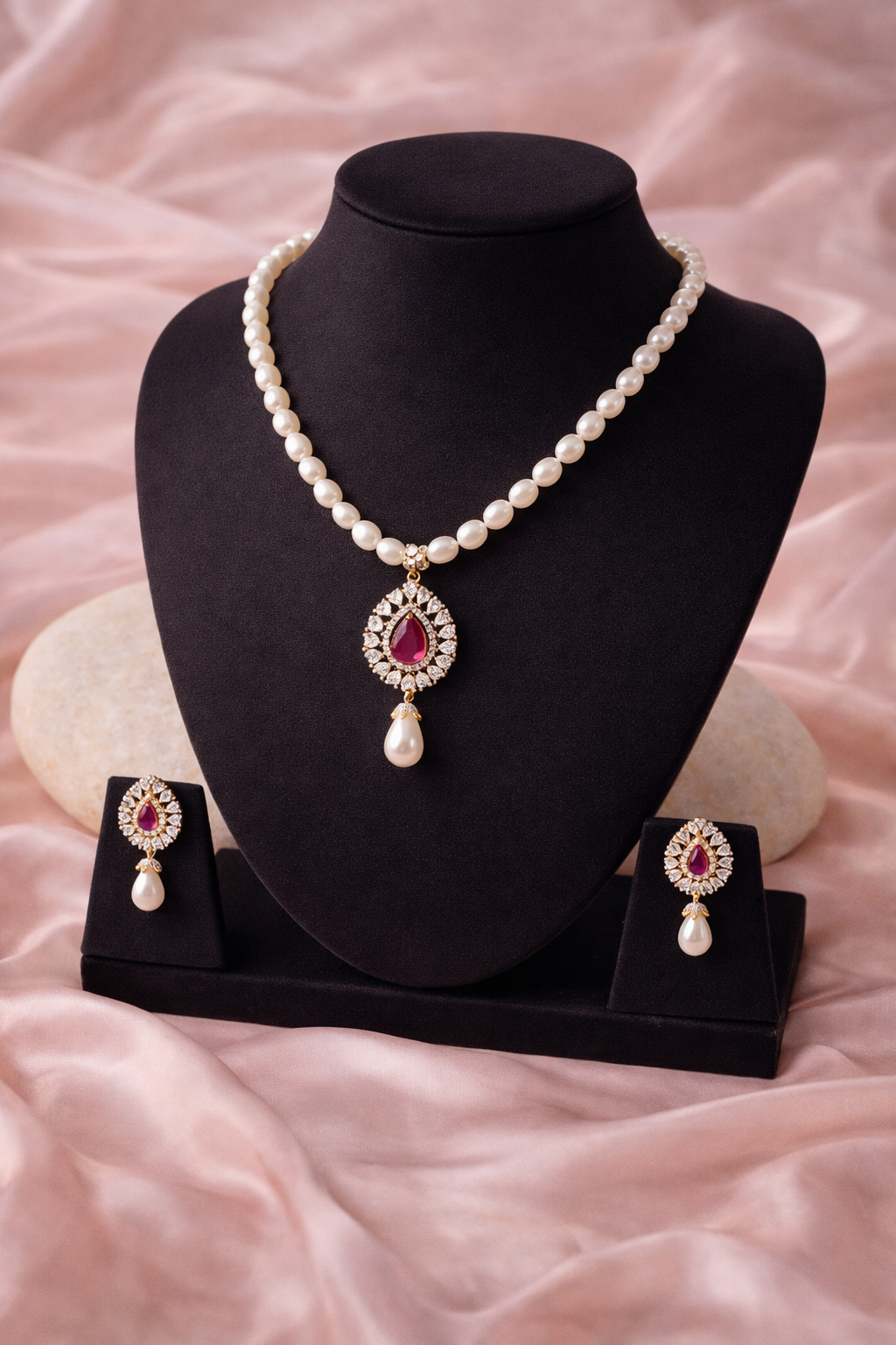 LP JEWELS: Ruby Teardrop Freshwater Pearl Necklace Set – 5–6 mm Oval Pearls