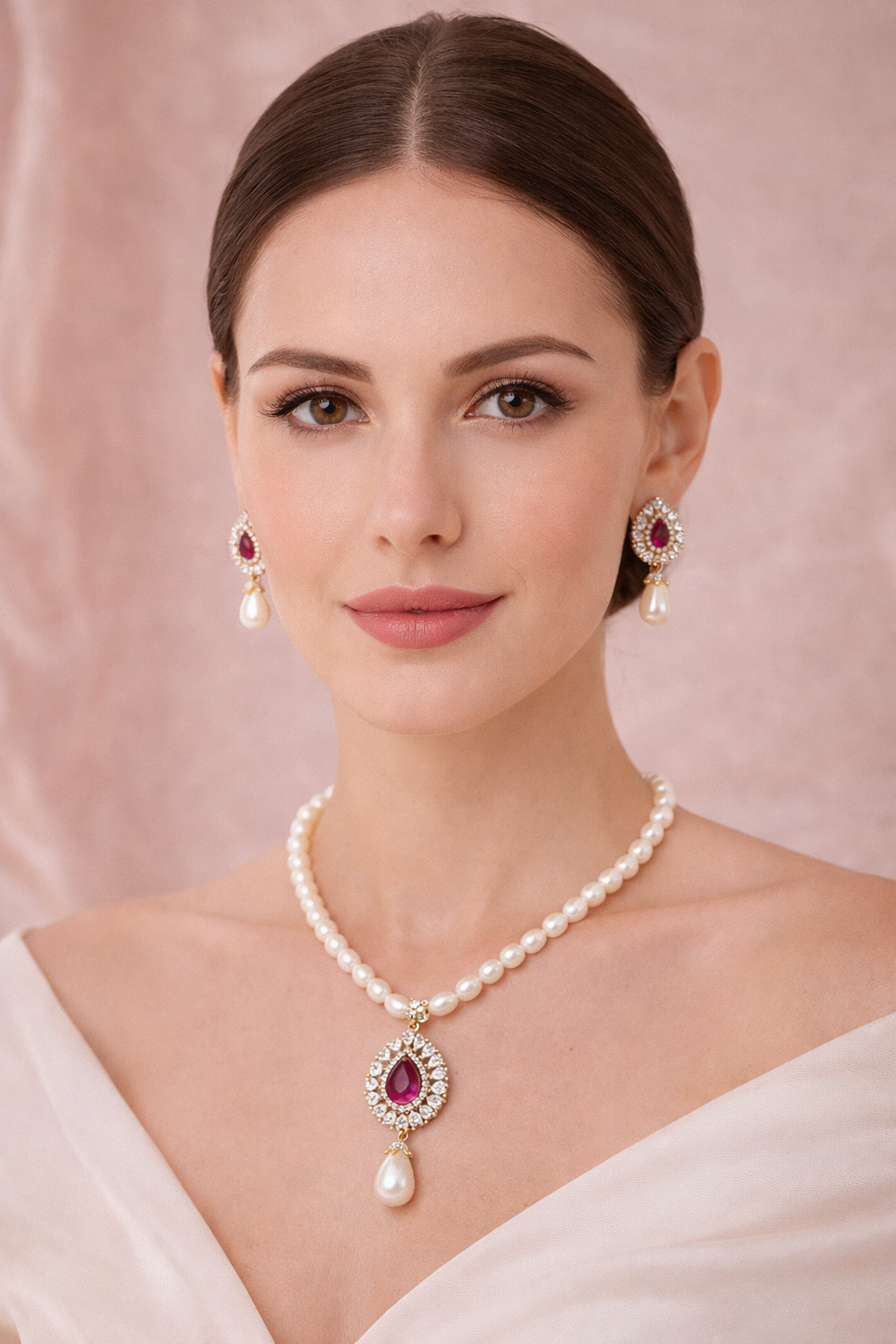 LP JEWELS: Ruby Teardrop Freshwater Pearl Necklace Set – 5–6 mm Oval Pearls