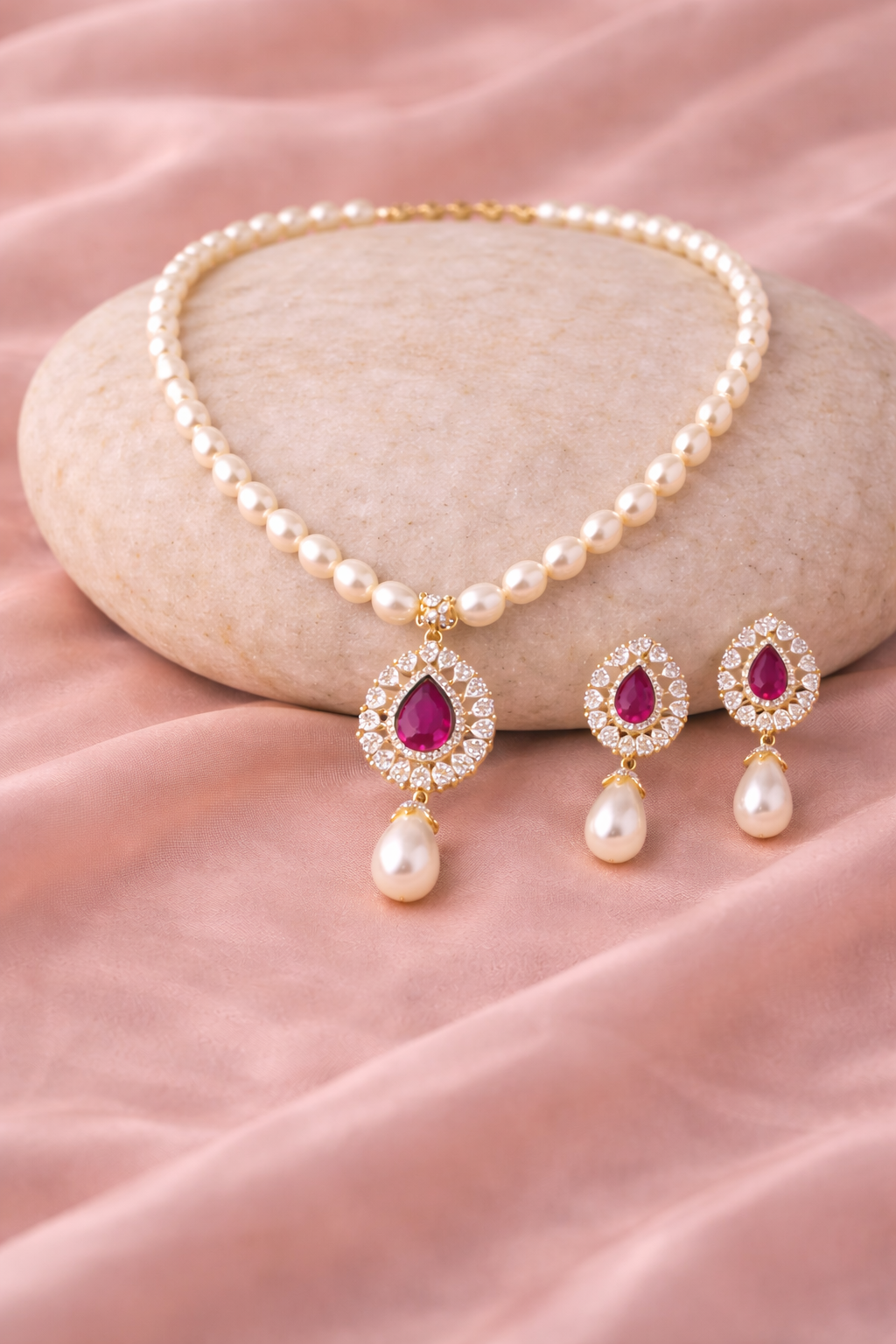 LP JEWELS: Ruby Teardrop Freshwater Pearl Necklace Set – 5–6 mm Oval Pearls