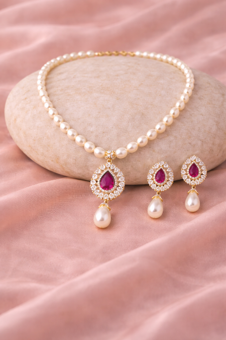 LP Jewels Ruby Teardrop Freshwater Pearl Necklace Set – 5-6mm Oval Pearls - LP Jewels
