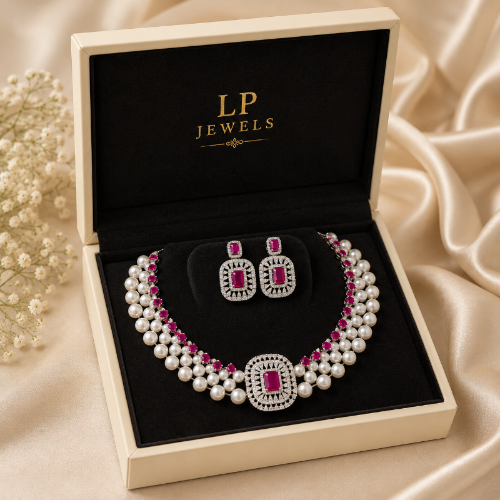 Freshwater Pearl Necklace Set with Ruby Pink CZ | LP JEWELS
