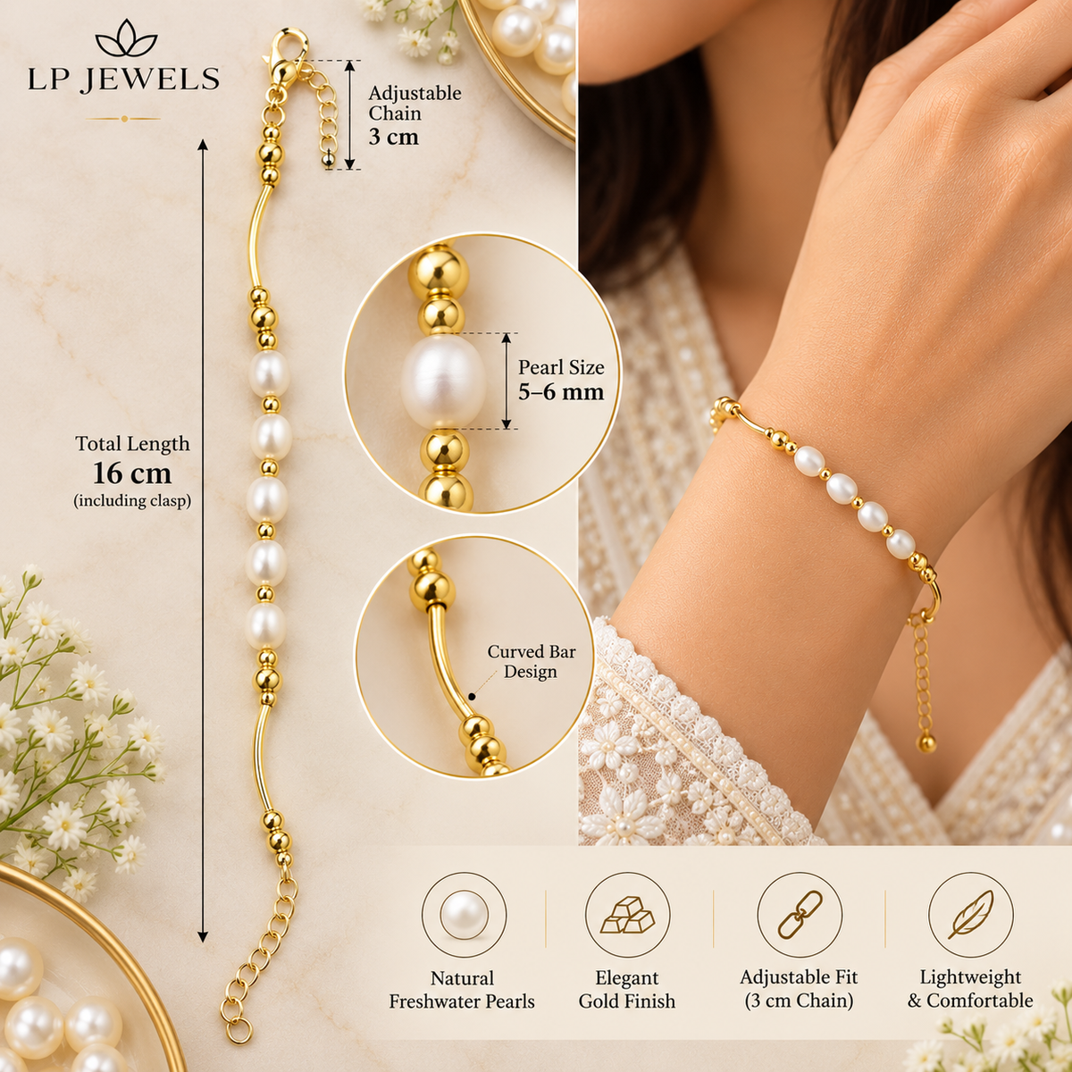 Gold-Tone Pearl Bracelet for Women with Adjustable Chain | Elegant Minimalist Pearl Jewellery – LP JEWELS