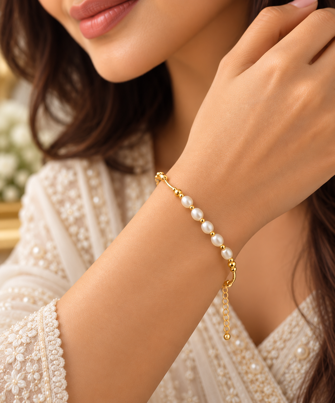 Gold-Tone Pearl Bracelet for Women with Adjustable Chain | Elegant Minimalist Pearl Jewellery – LP JEWELS