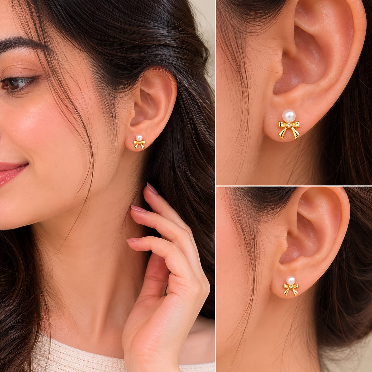 LP Jewels Gold Bow Pearl Earrings | Real Freshwater Pearl Studs with Gold Plated Bow & Diamond Accent