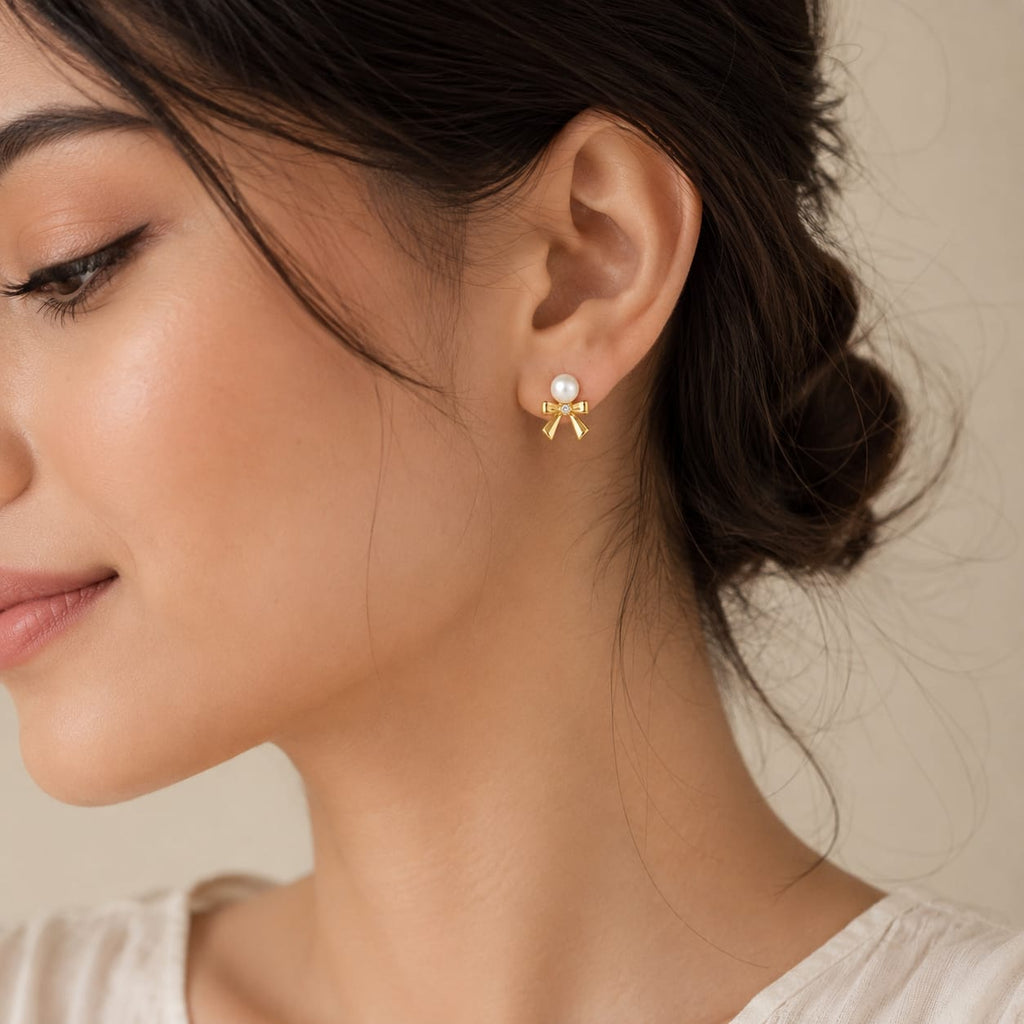 LP Jewels Gold Bow Pearl Earrings | Real Freshwater Pearl Studs with Gold Plated Bow & Diamond Accent