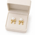 LP Jewels Gold Bow Pearl Earrings | Real Freshwater Pearl Studs with Gold Plated Bow & Diamond Accent