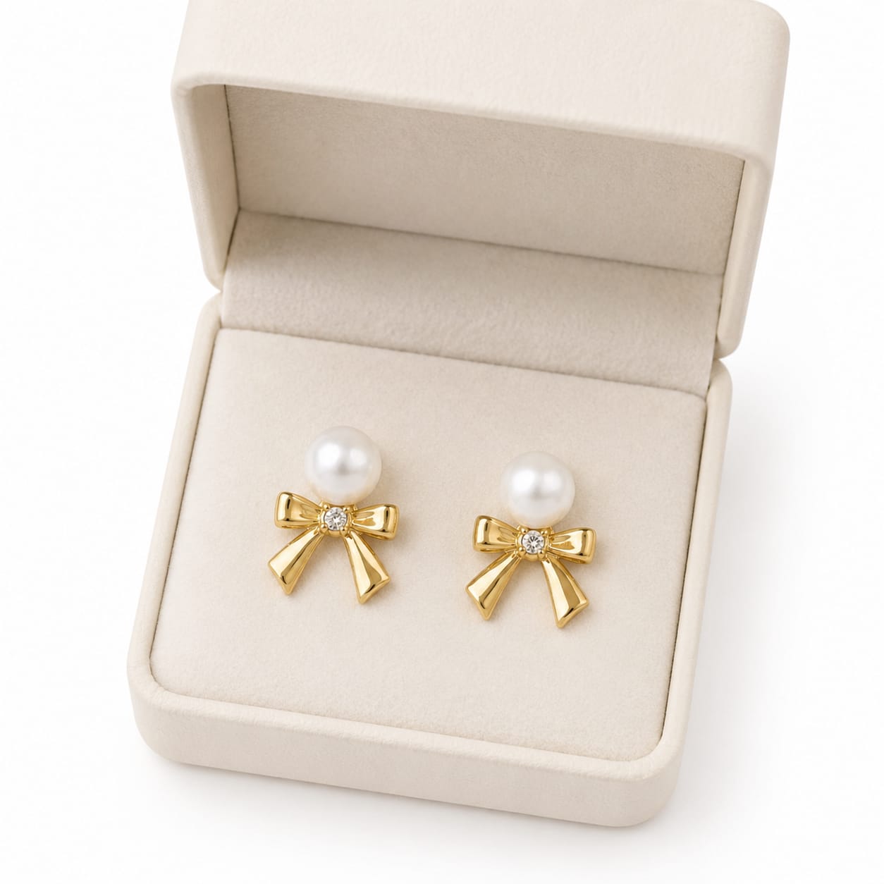 LP Jewels Gold Bow Pearl Earrings | Real Freshwater Pearl Studs with Gold Plated Bow & Diamond Accent