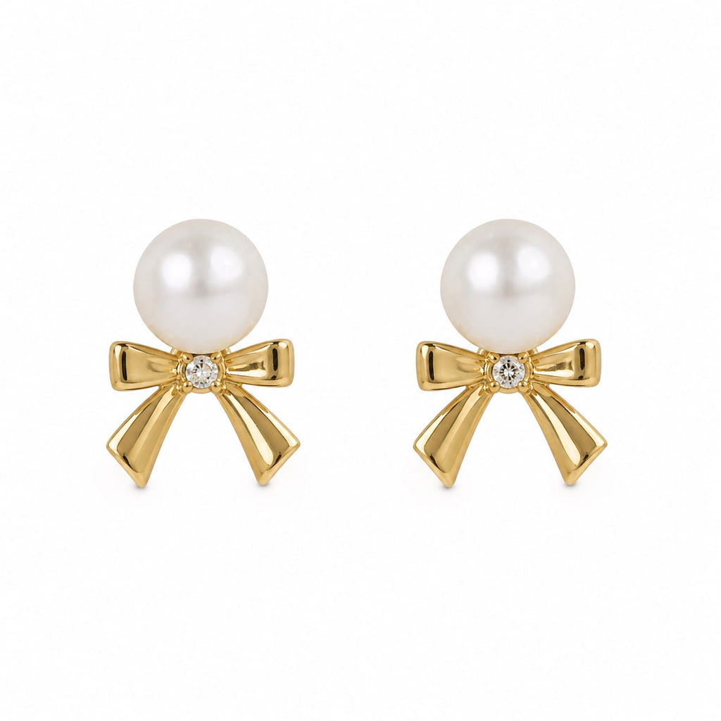 LP Jewels Gold Bow Pearl Earrings | Real Freshwater Pearl Studs with Gold Plated Bow & Diamond Accent