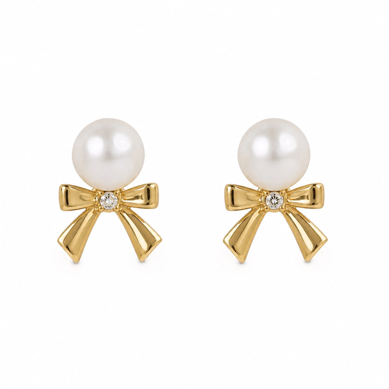 LP Jewels Gold Bow Pearl Earrings | Real Freshwater Pearl Studs with Gold Plated Bow & Diamond Accent
