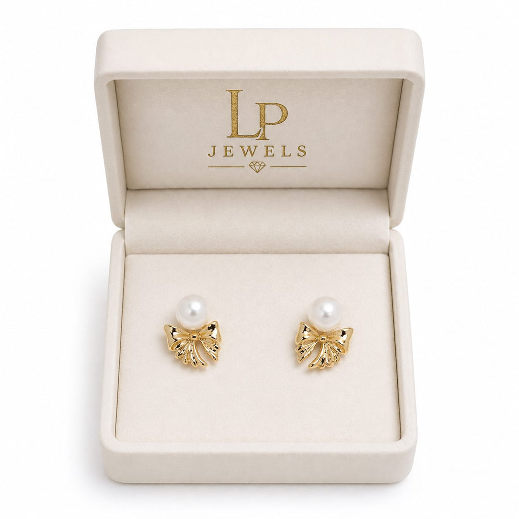 Pearl Bow Earrings for Women | Elegant Gold Studs | LP Jewels