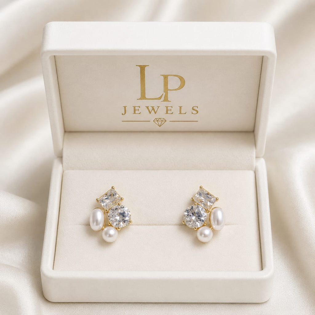 Luxury Pearl & Zircon Stud Earrings for Women | Elegant Gold Finish Earrings | LP Jewels