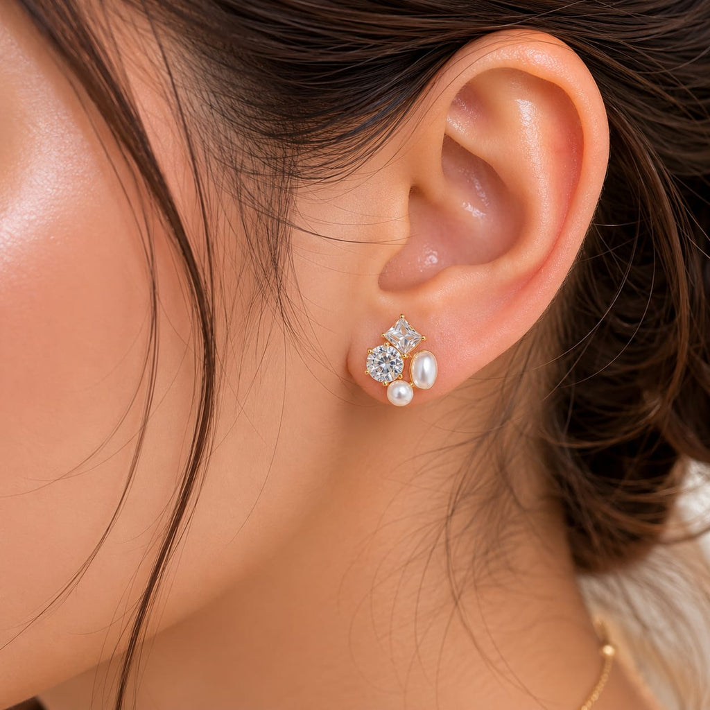 Luxury Pearl & Zircon Stud Earrings for Women | Elegant Gold Finish Earrings | LP Jewels