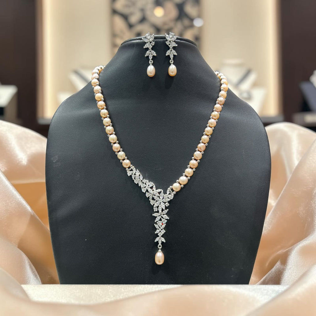 Freshwater Peach Pearl Necklace Set with CZ Floral Pendant | LP JEWELS