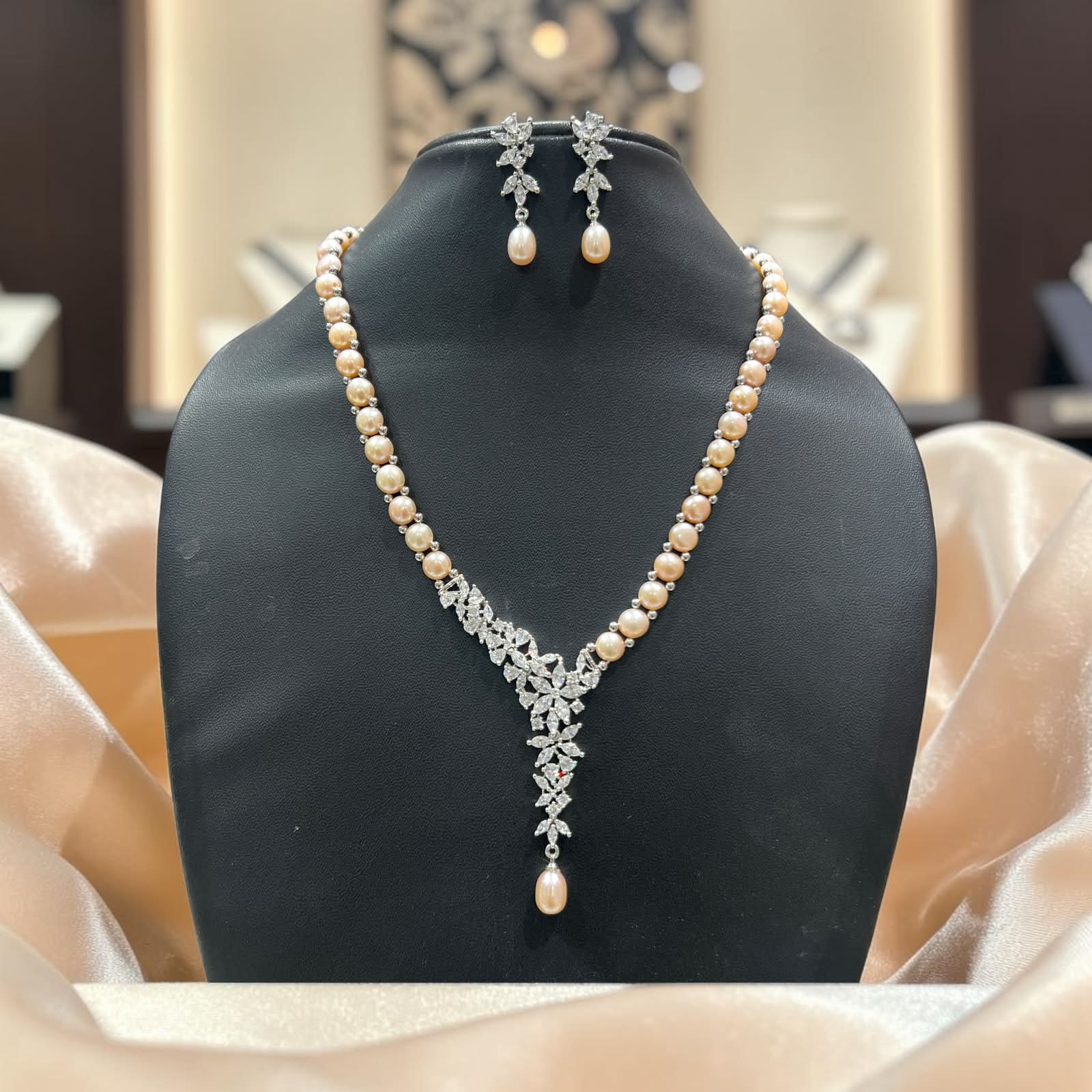 Freshwater Peach Pearl Necklace Set with CZ Floral Pendant | LP JEWELS