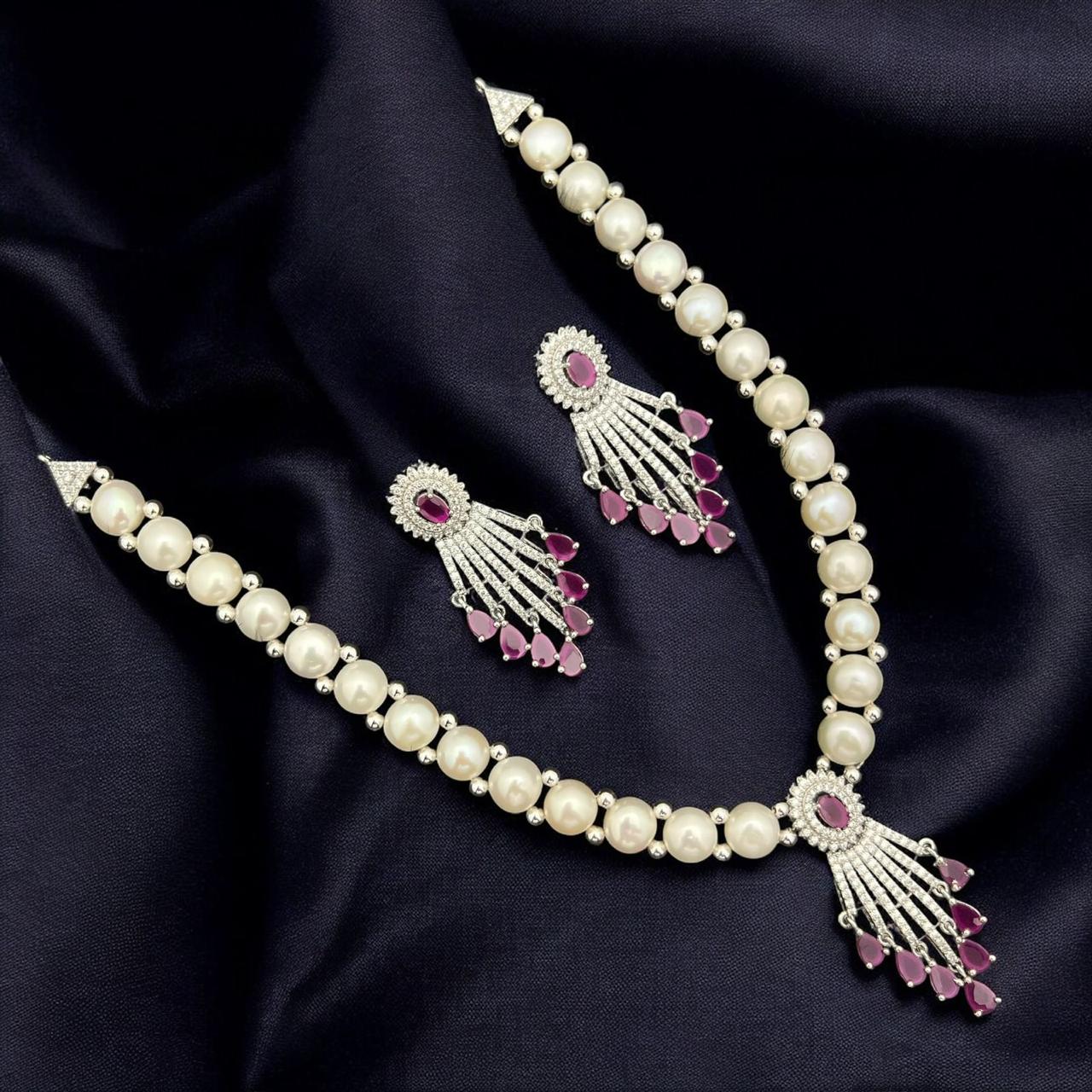 Natural Freshwater Pearl Necklace Set with Ruby CZ Pendant | LP JEWELS