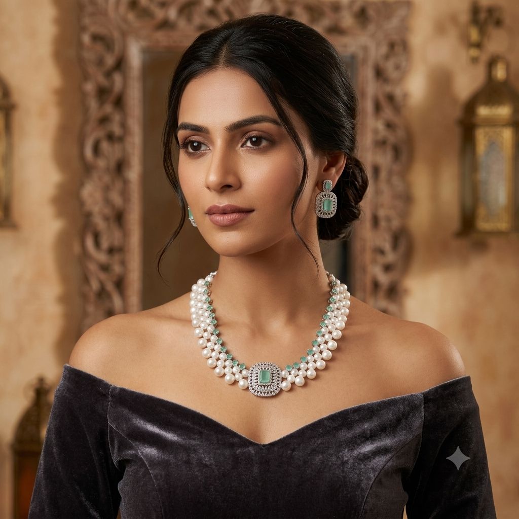 Dual Layer Freshwater Pearl Necklace Set with Green CZ | LP JEWELS