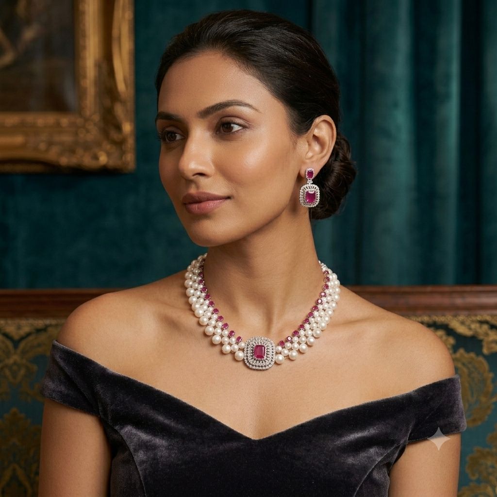Freshwater Pearl Necklace Set with Ruby Pink CZ | LP JEWELS