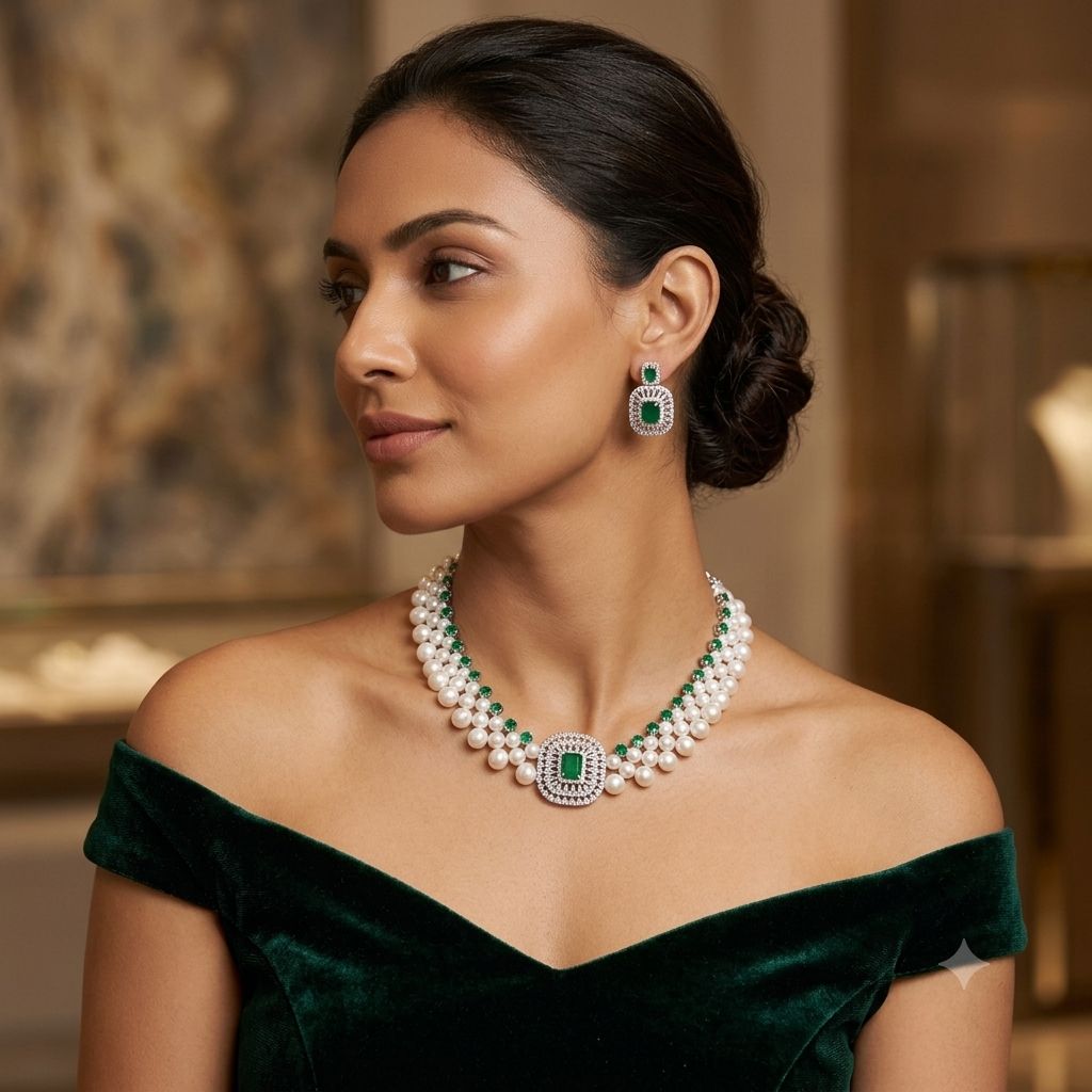 Freshwater Pearl Necklace Set with Emerald Green CZ | LP JEWELS