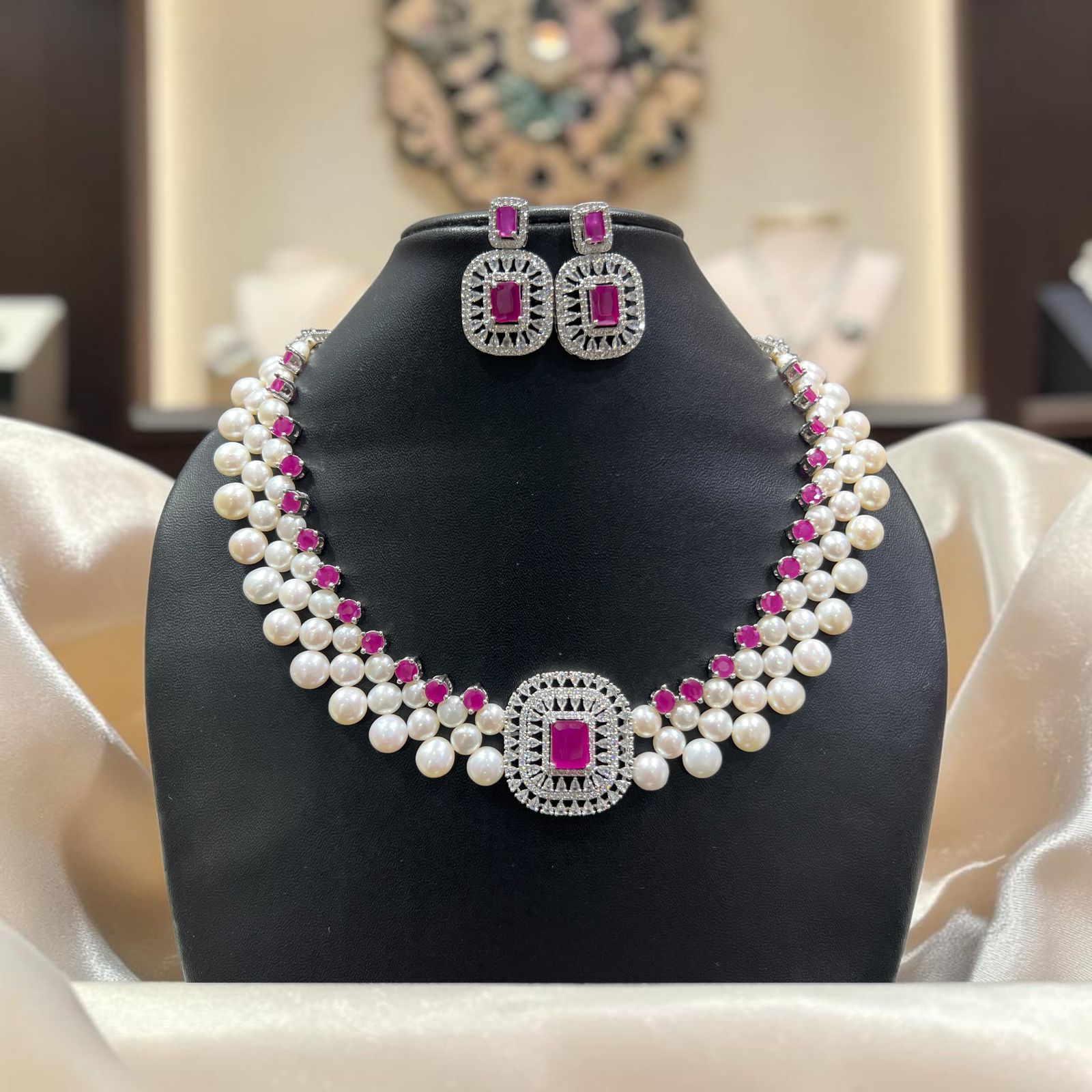 Freshwater Pearl Necklace Set with Ruby Pink CZ | LP JEWELS