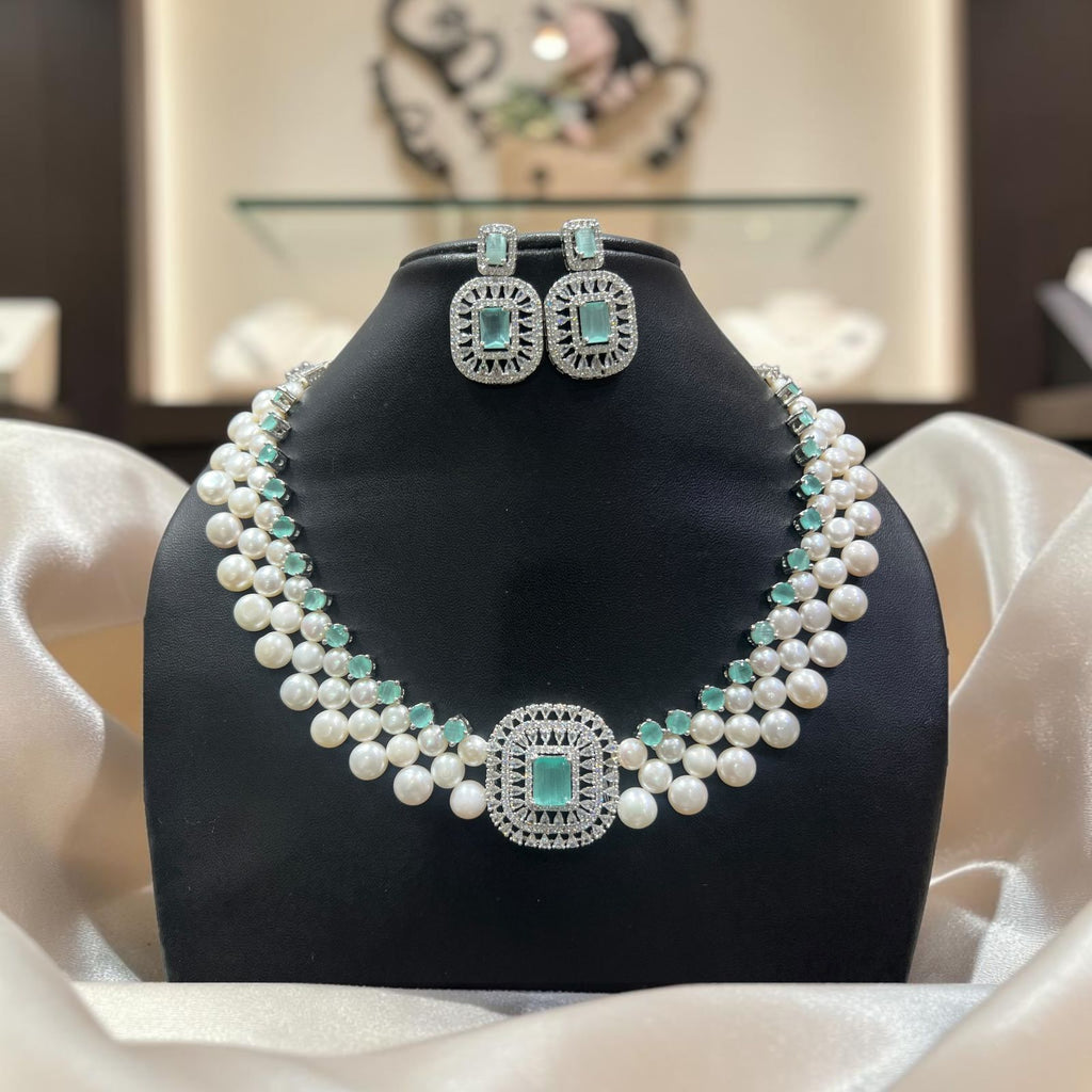 Dual Layer Freshwater Pearl Necklace Set with Green CZ | LP JEWELS
