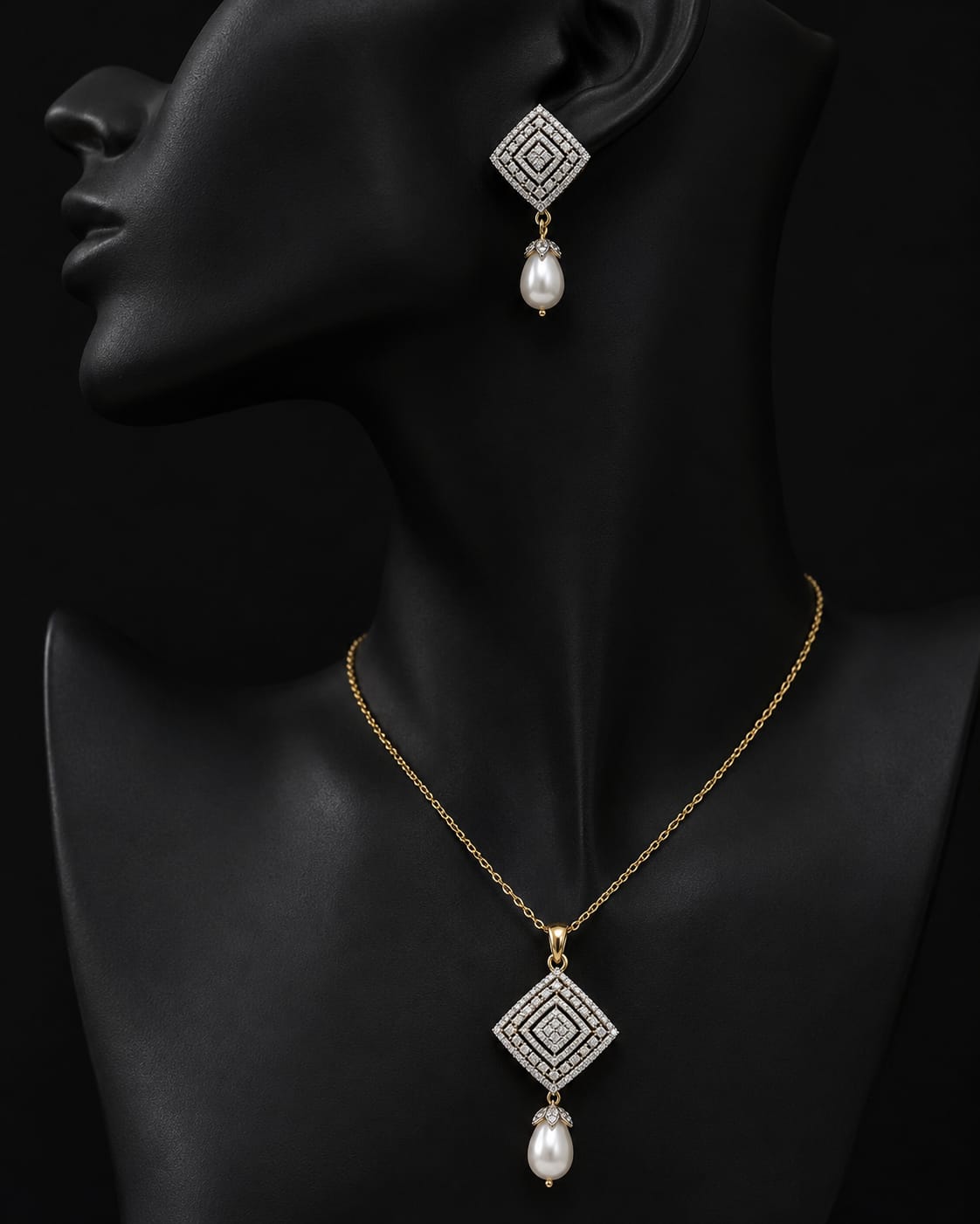 Diamond Pave Pearl Drop Pendant Set – Gold Plated - LP Jewels