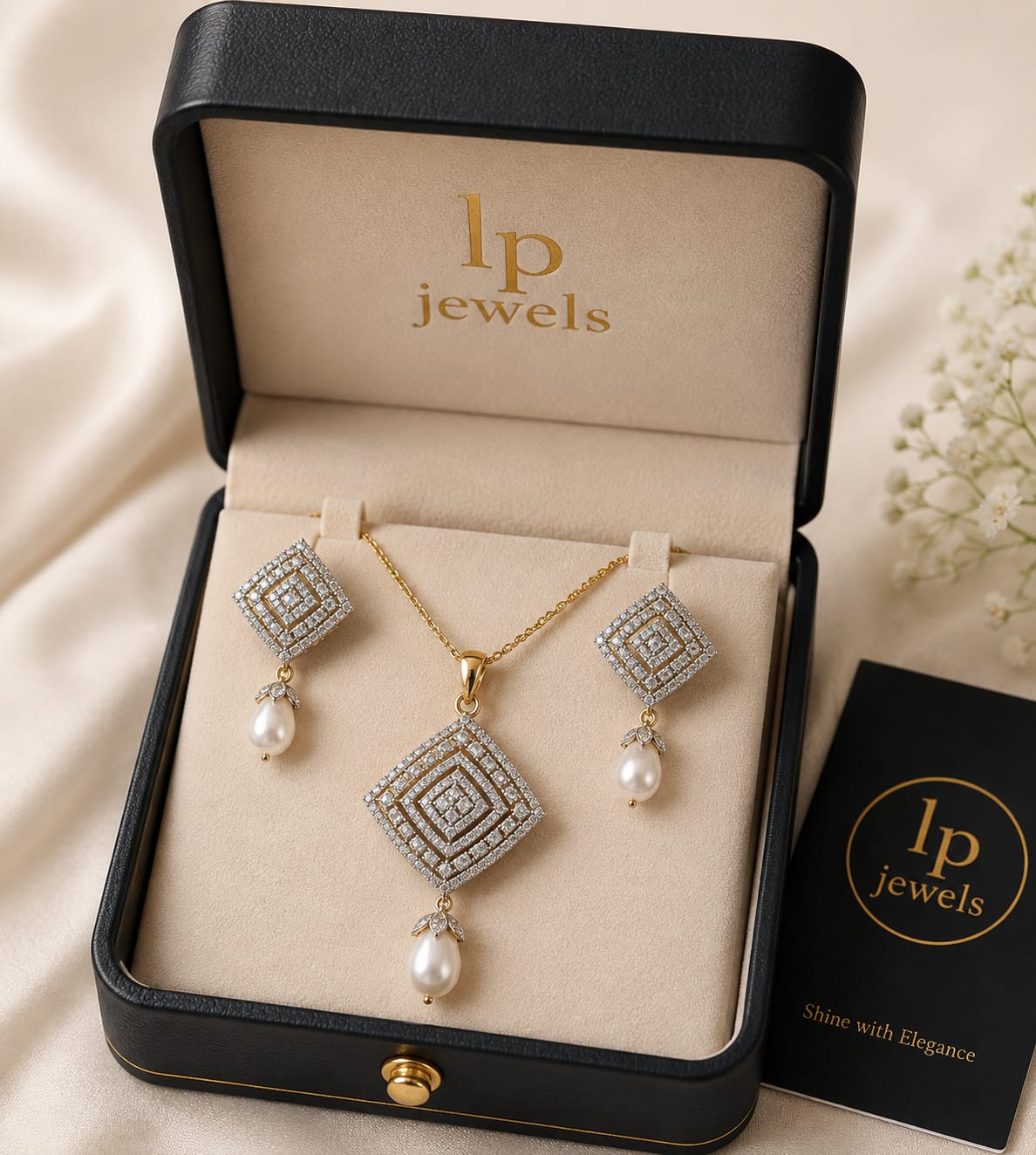 Diamond Pavé Pearl Drop Pendant Set – Gold Plated")