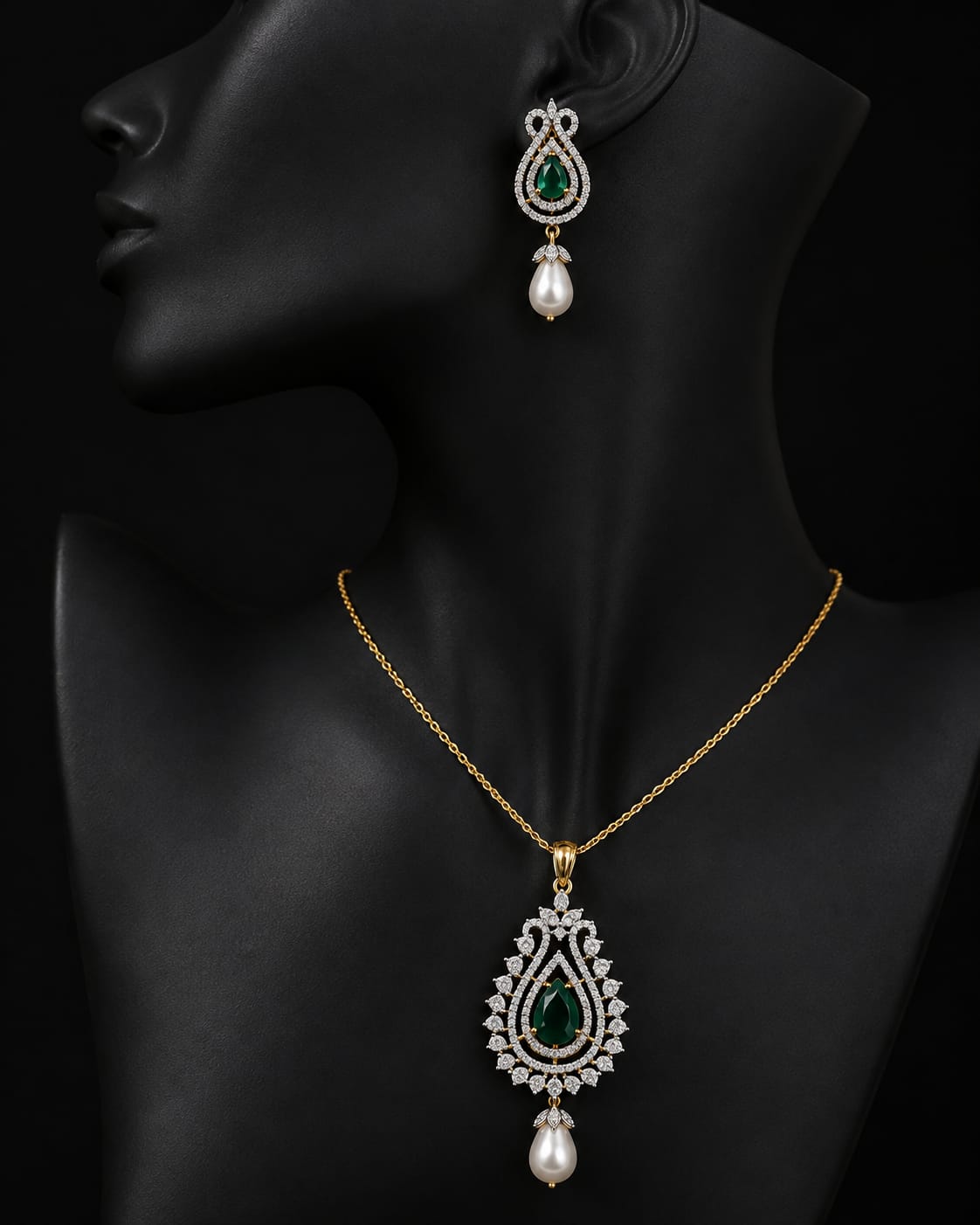 Green Emerald Pendant Set with Pearl Earrings - LP Jewels