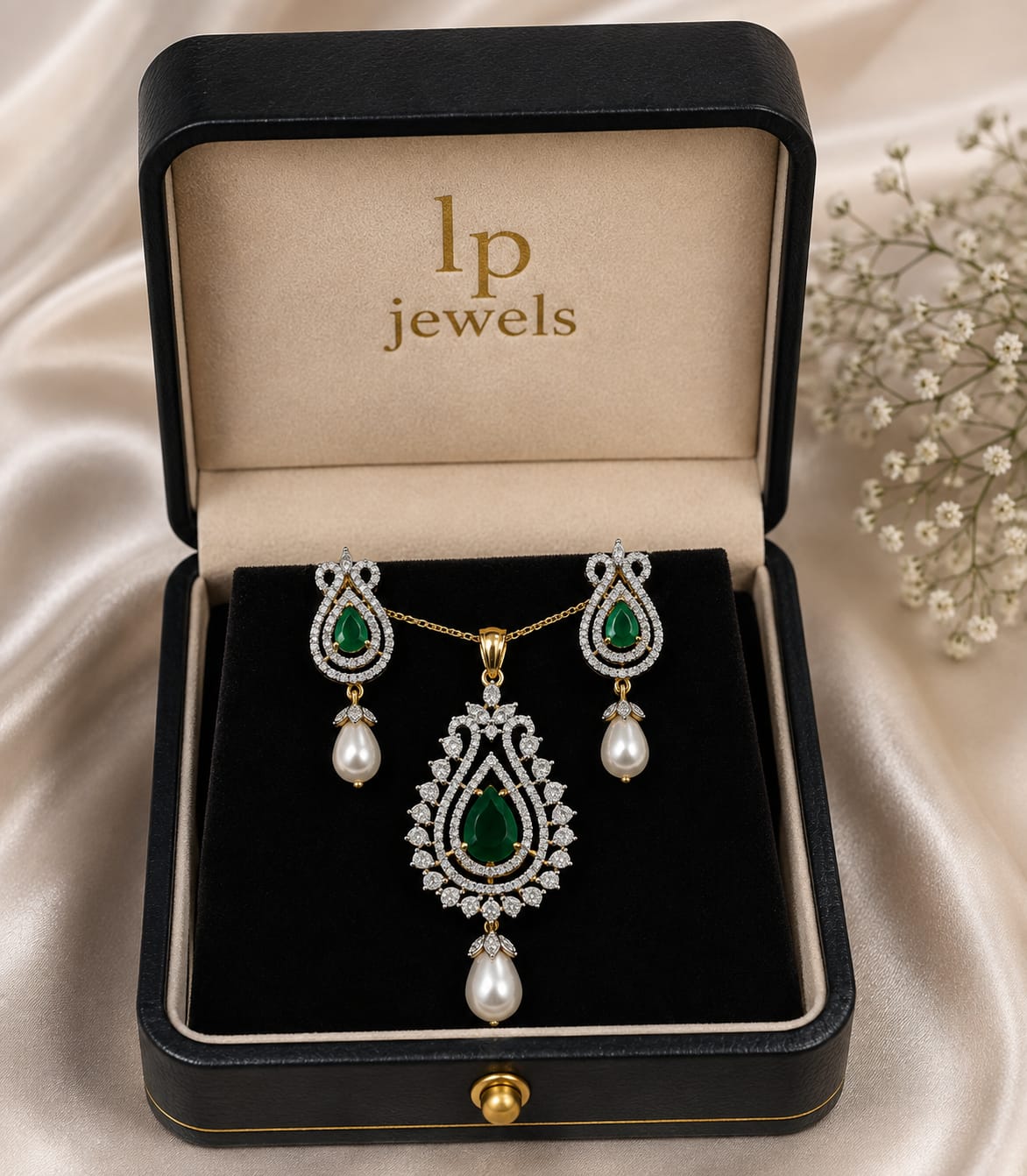 Green Emerald Pendant Set with Pearl Earrings - LP Jewels
