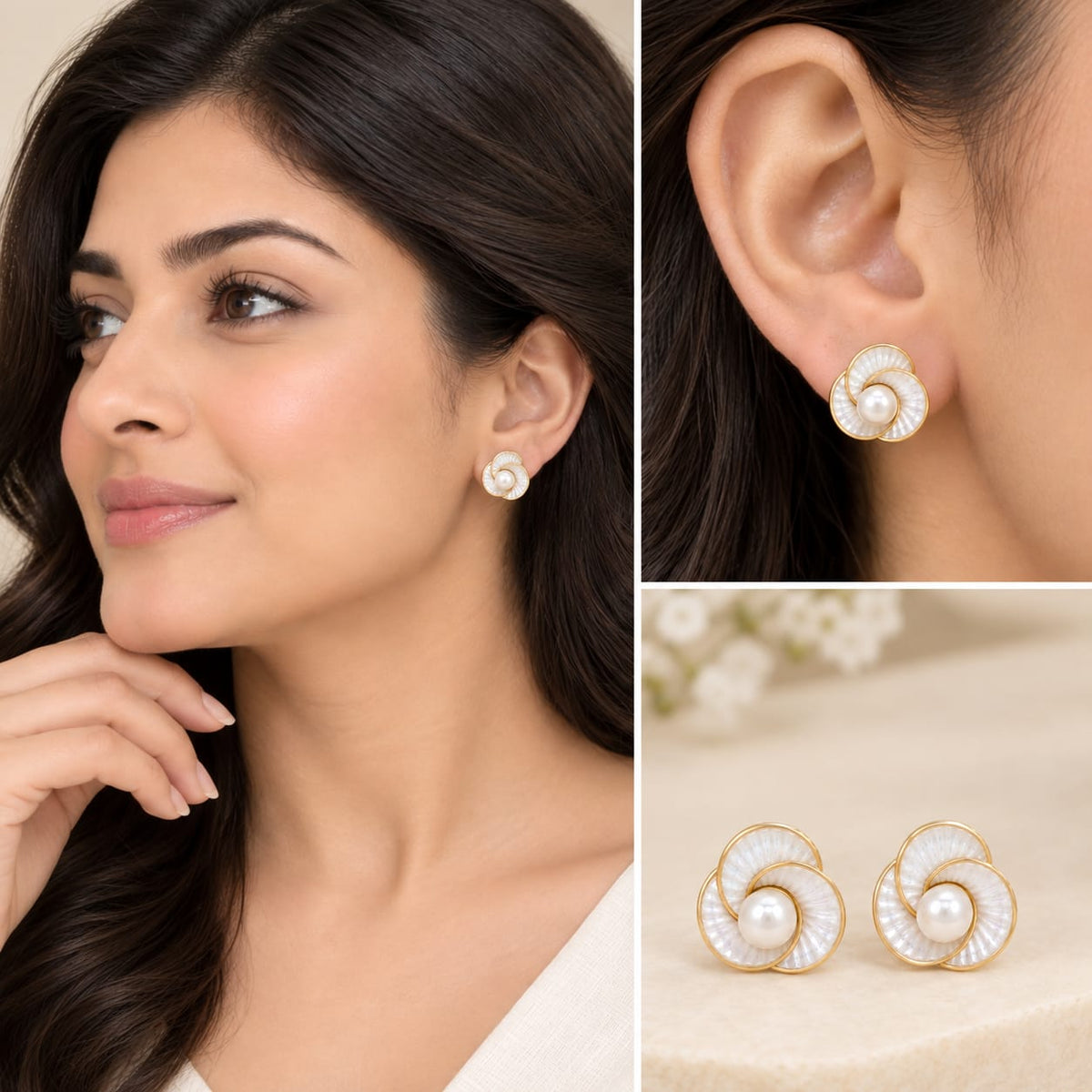 Gold Floral Pearl Stud Earrings for Women | LP JEWELS