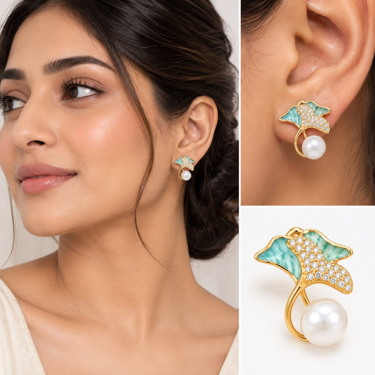 Gold Starfish Pearl Earrings with Green Enamel | LP JEWELS