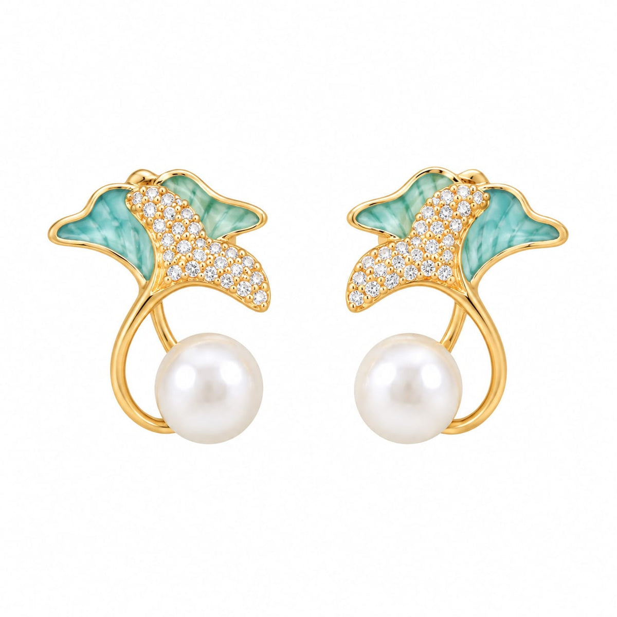 Gold Starfish Pearl Earrings with Green Enamel | LP JEWELS