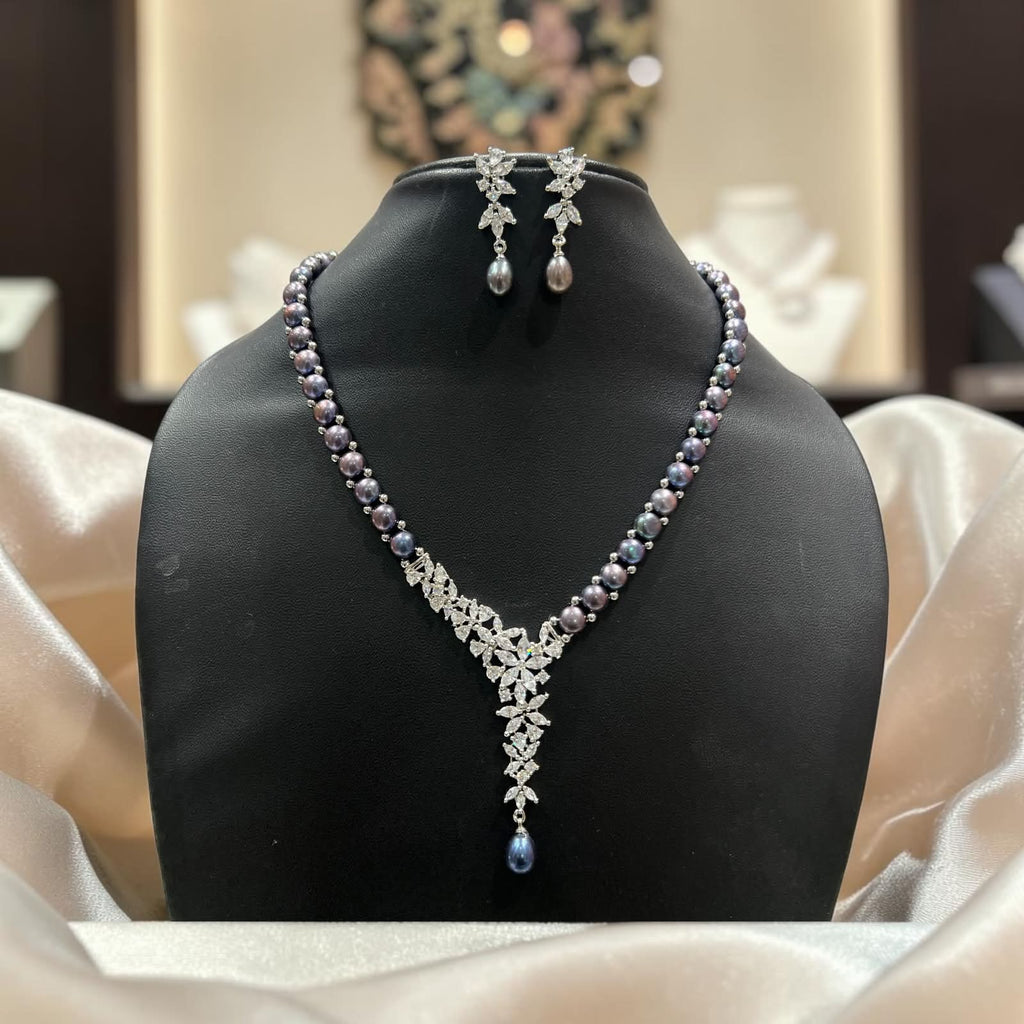 Black Freshwater Pearl Necklace Set with CZ Earrings | LP JEWELS