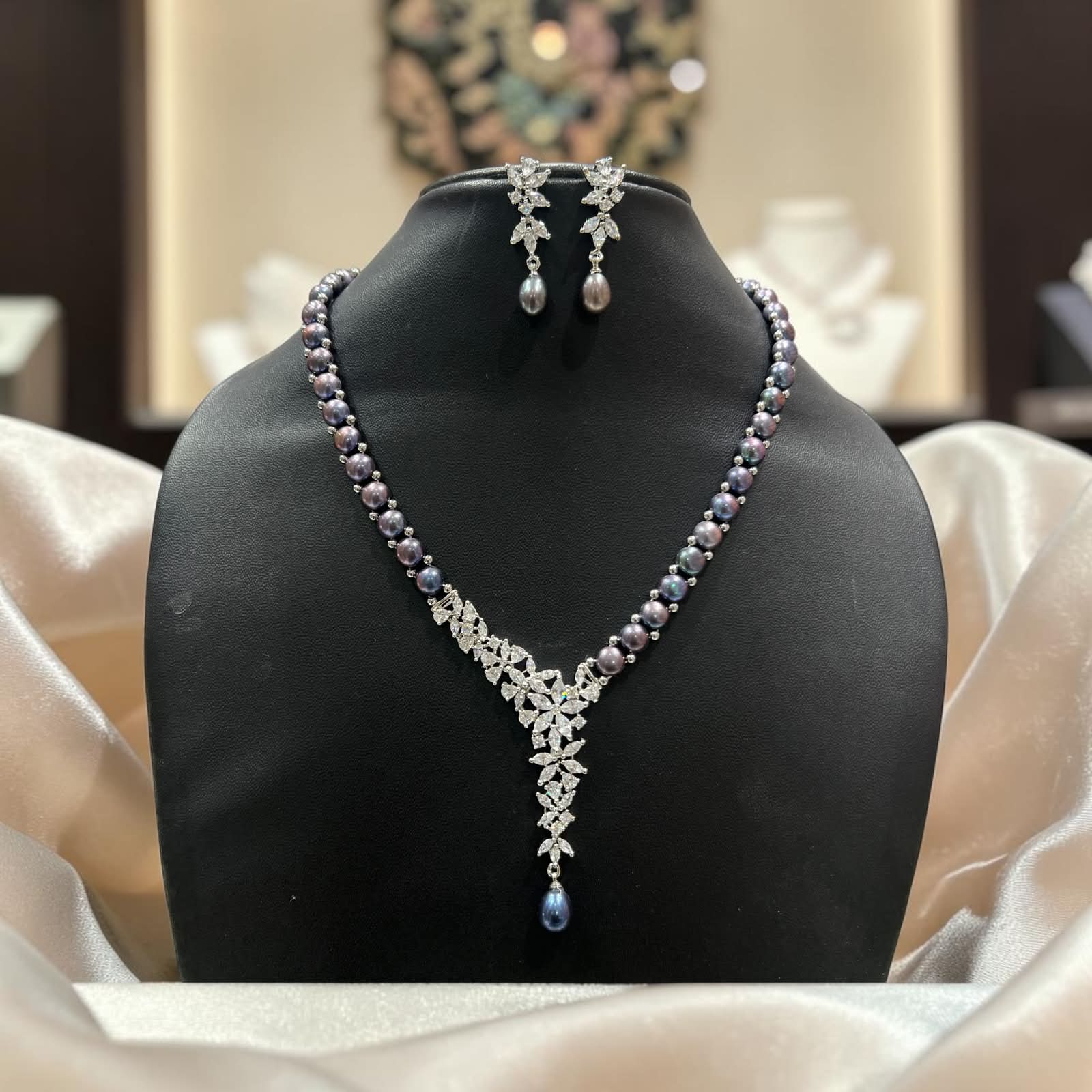 Black Freshwater Pearl Necklace Set with CZ Earrings | LP JEWELS
